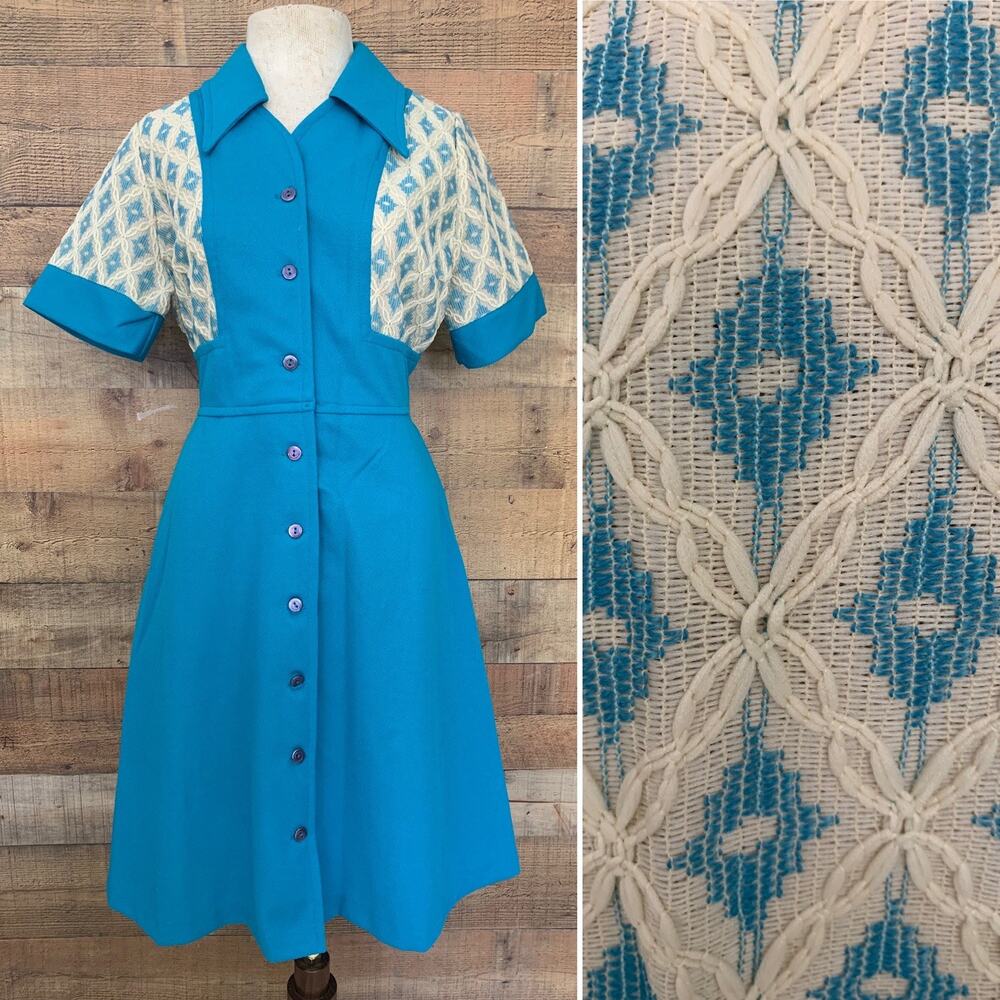 Vintage 1960s 1970s Mod Button Front Fit Flare Tie Back Dress Pointy Collar Sz M
